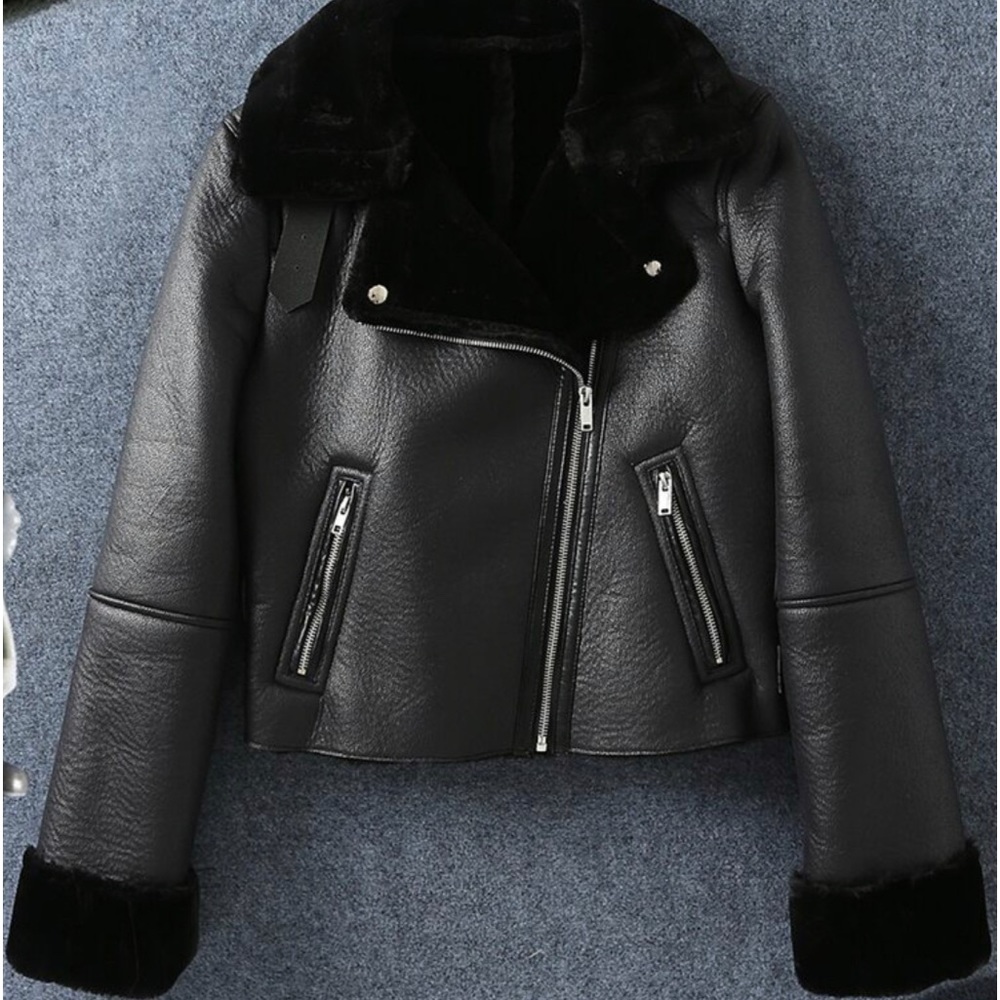 Leather Zip Detail Sherpa Lined Moto Jacket